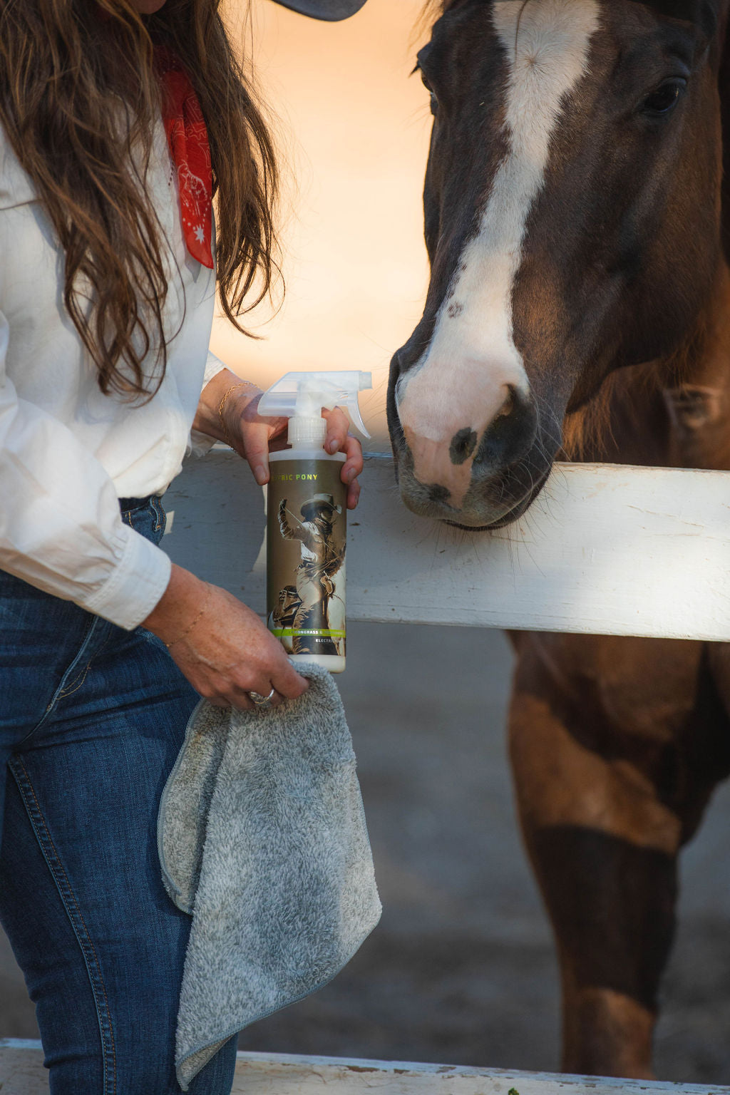 jen holding a bottle of fly and tick pony protector next to horse nose