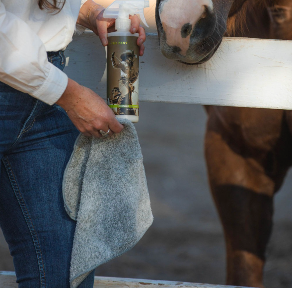 jen holding bamboo wiping cloth with electric pony product